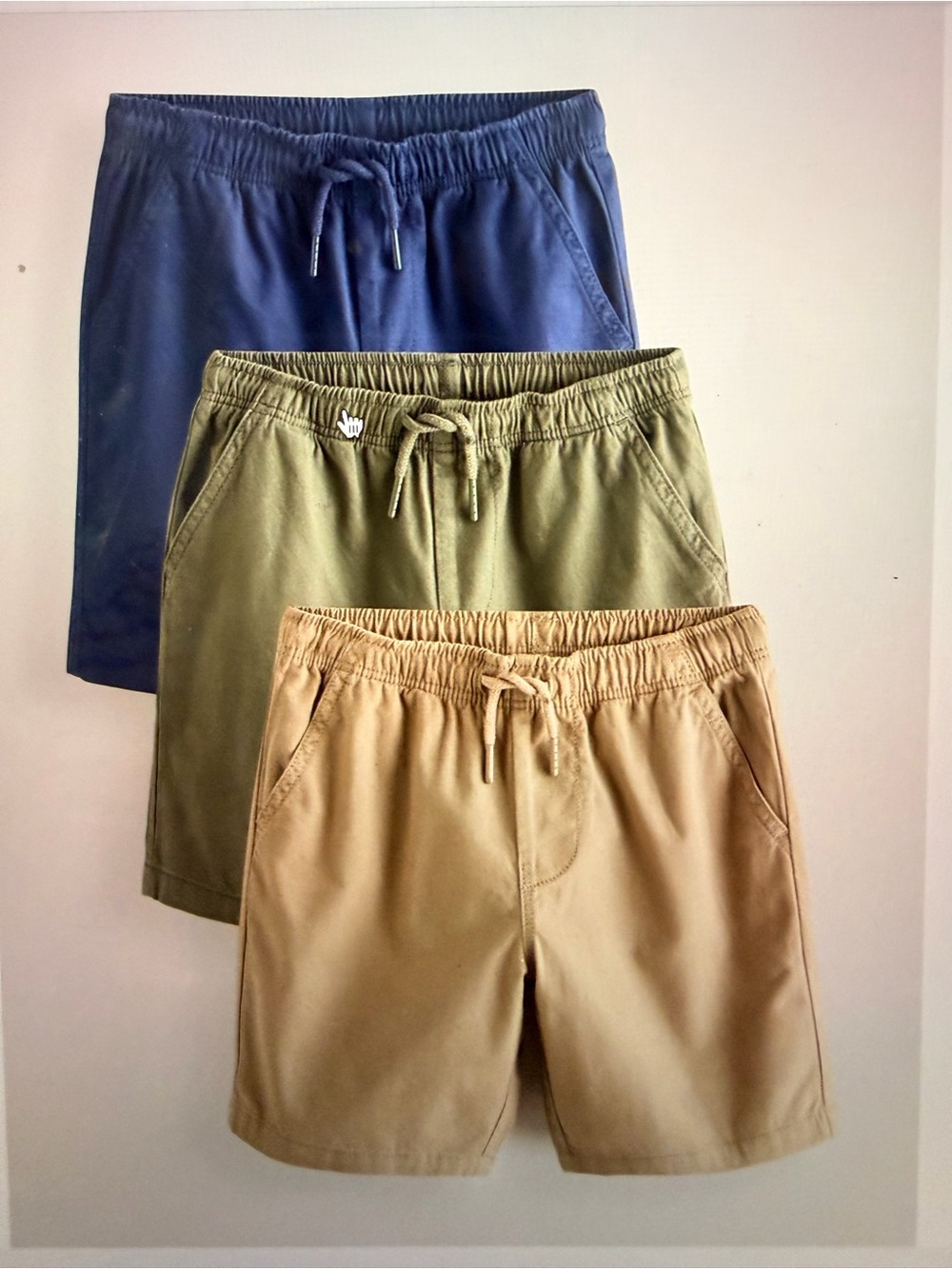 Boys Elastic Drawstring Shorts in Navy, Olive, and Khakih